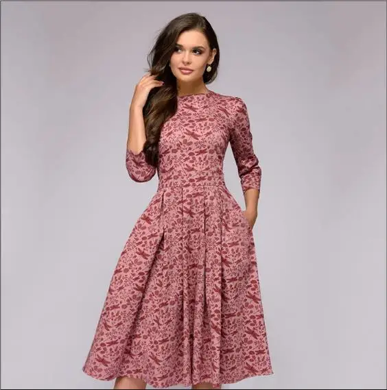 Autumn Winter Small Floral Women's Dress Party Retro Three-quarter Sleeve Round Neck Zipper A-line Dress