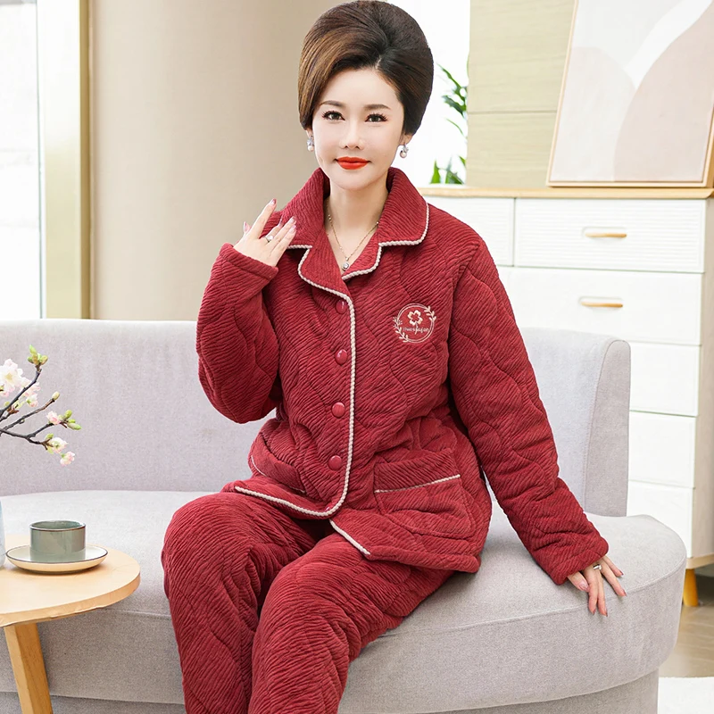 Winter Thick 3 Layer Clip Cotton Women Pajamas Sets  Female Warm Sleepwear Home Clothing