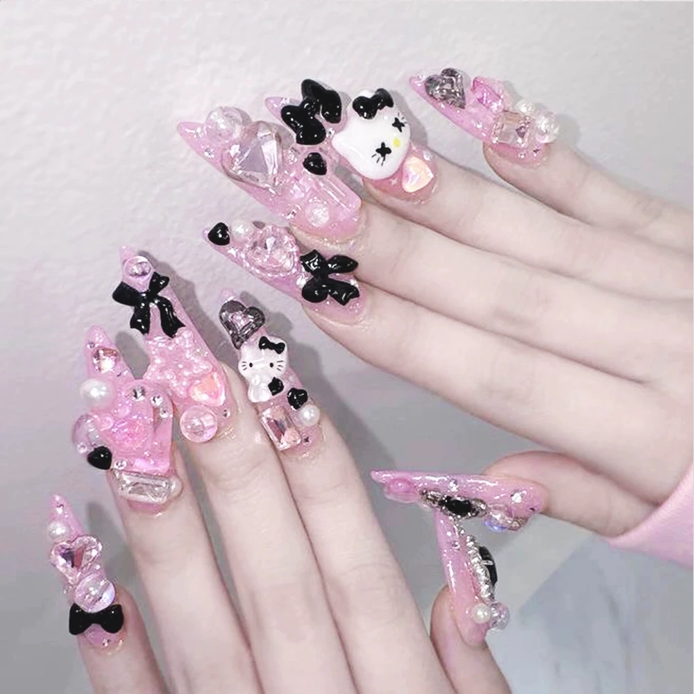 Sanrio Cartoon Kawaii Hello Kitty Handmade Press On Nail Long Coffin Almond Spice Girl Rhinestone Butterfly Detachable Fake Nail