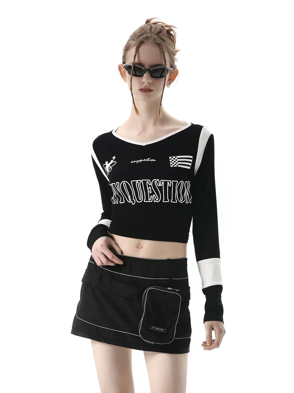 

AnyQuestion Street Sle Bla White Letter Print V-Ne Slim Fit Long Sve Ba Tie Thin Vest for Women Cotton Polyester B...