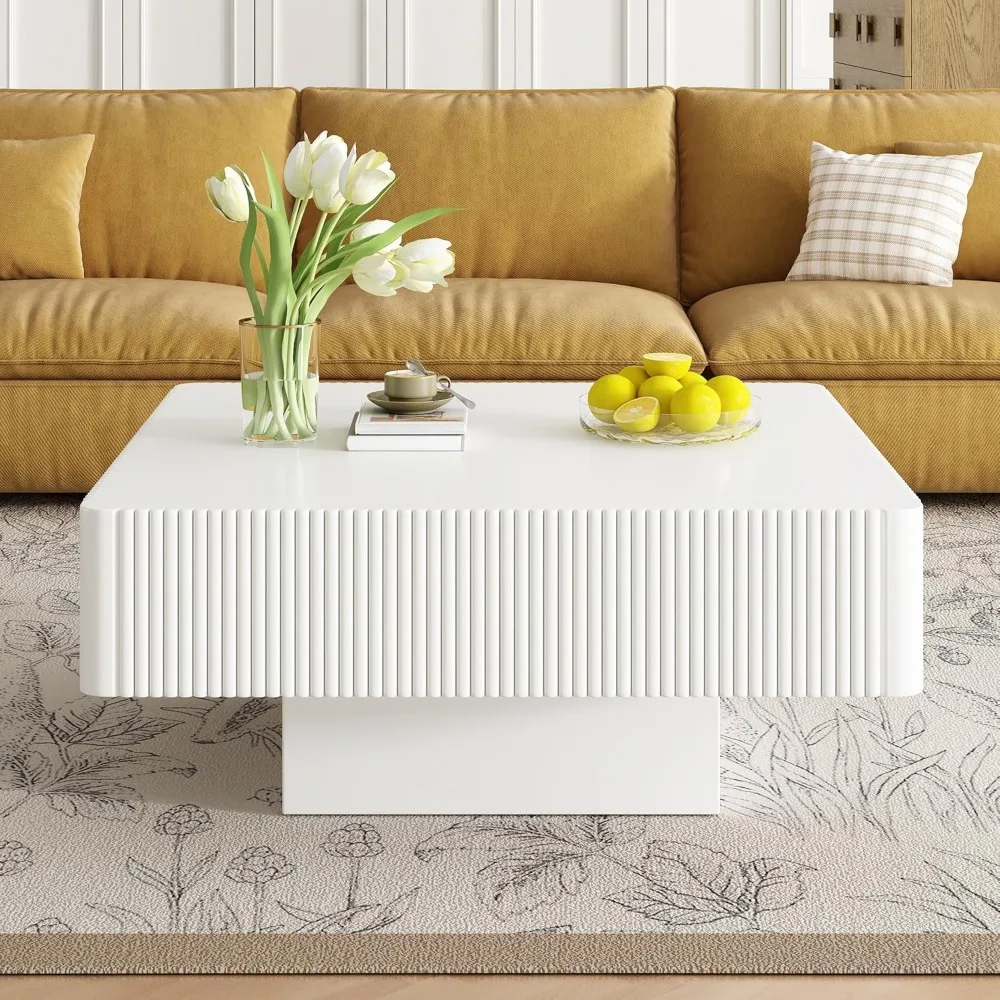 Modern Large Solid Wood Veneer Coffee Table with Storage, Accent Fluted Design for Living Room