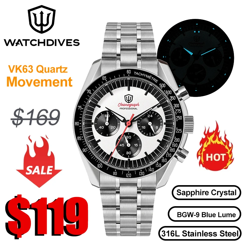 Watchdives WD1863 Chronograph Watch VK63 Sweep Second Mechanical Quartz Movement Bubble Sapphire 100M Waterproof Vintage Watches