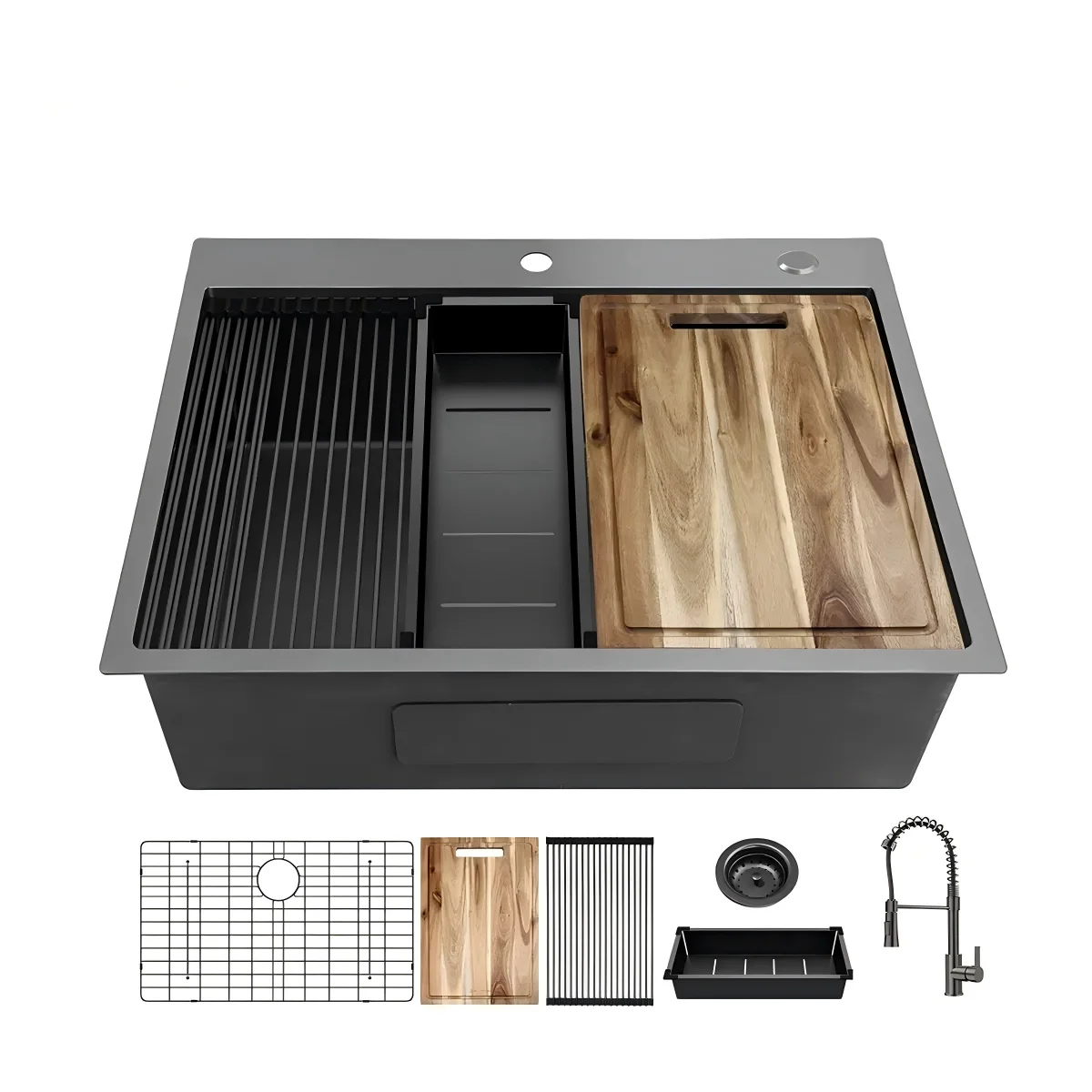 

Multifunctional Kitchen Sink 33" X 22" Drop in Kitchen Sink Gunmetal Black 304 Stainless Steel Sink with Faucet