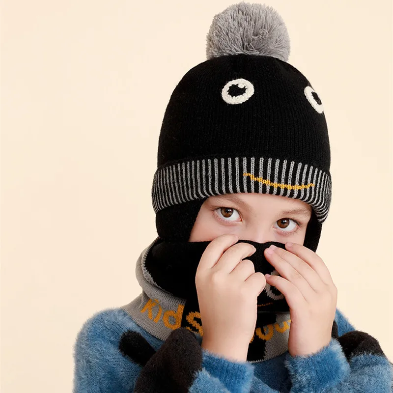 Unisex Winter Kids Baby Girls Boys Cartoon Bear Stripe Knit Hat Cap Woolen Yarn Scarf Earmuff Warm keep Set for outdoor