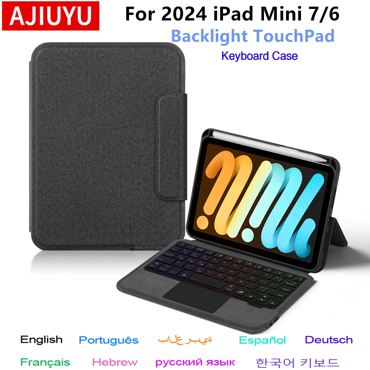 

Клавиатура с подсветкой для iPad Mini 7, чехол для Mini 2024 A17 Pro 8.3 дюйма, умная клавиатура-кейс с тачпадом, испанская, арабская раскладка