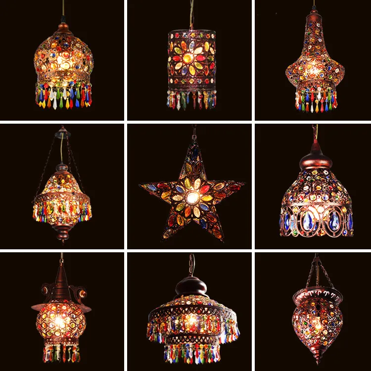 Retro wrought iron restaurant single-head color crystal lamp creative features American cafe three-head chandelier