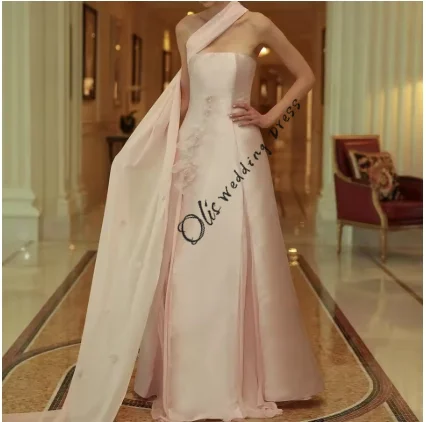 

customized Appliques Pearls Satin Sleeveless One Shoulder A-Line Floor Length Watteau Train Graceful and Exquisite Special Occas