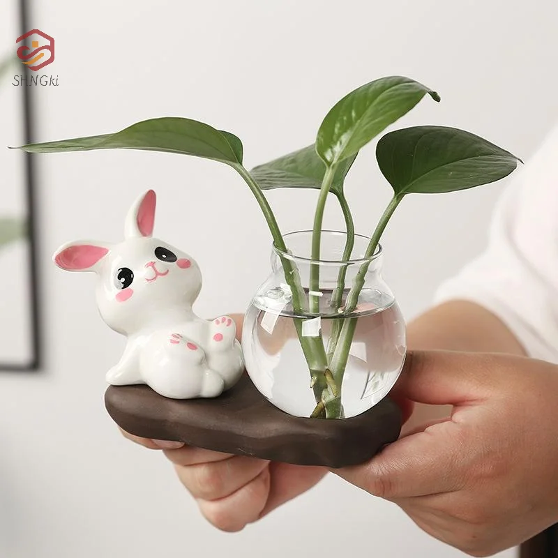 Cute Rabbit Hydroponic Plant Vases Transparent Glass Vase Tabletop Decoration Aquatic Flower Bottle With Wooden Base
