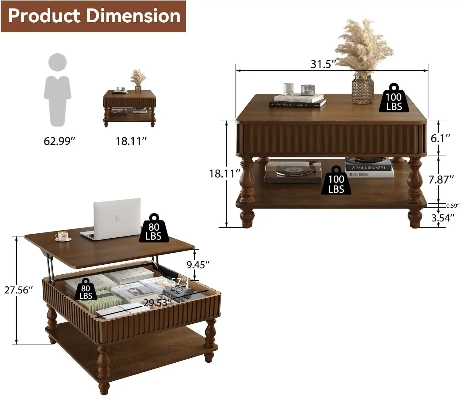 Square Lift Top Coffee Table with Storage Farmhouse Center Table