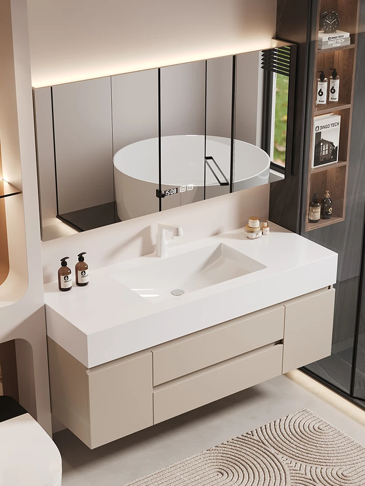 Integrated ceramic basin combination, modern minimalist cream-colored bathroom cabinet, smart waterproof wall-mounted hotel use