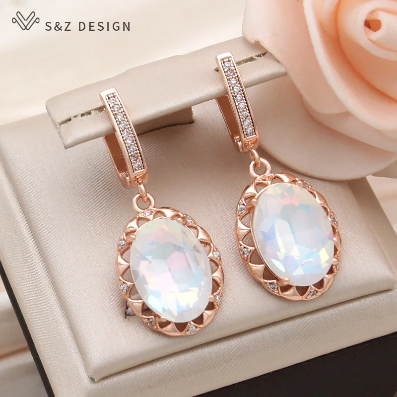 S&Z DESIGN New Fashion 585 Rose Gold Color Oval Crystal Dangle Earrings For Women Wedding Party Cubic Zirconia Jewelry Gift