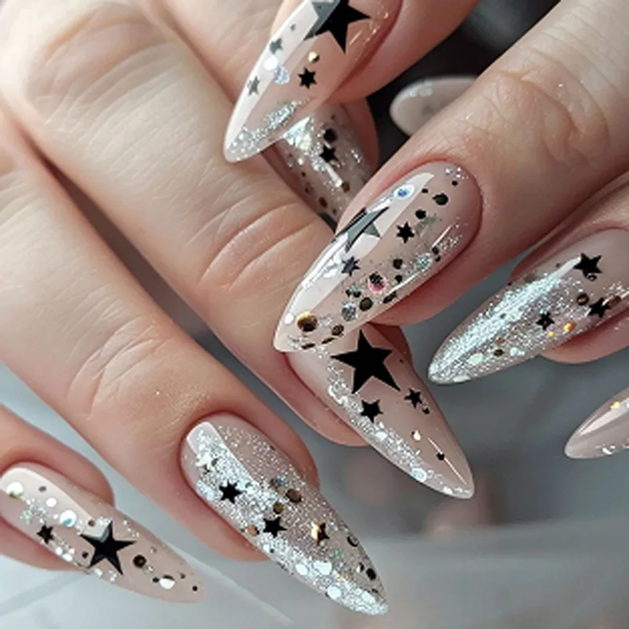 

24Pcs Long Almond Press on Nails - Edgy Black Design with Stars, Polka Dots and Silver Glitter Sparkle