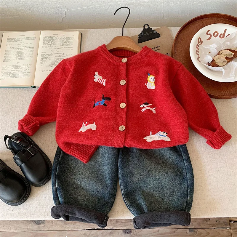 

Children's Sweater Winter New Arrival Boys and Girls Festive Knitted Cardigan Embroidered Puppy Trendy