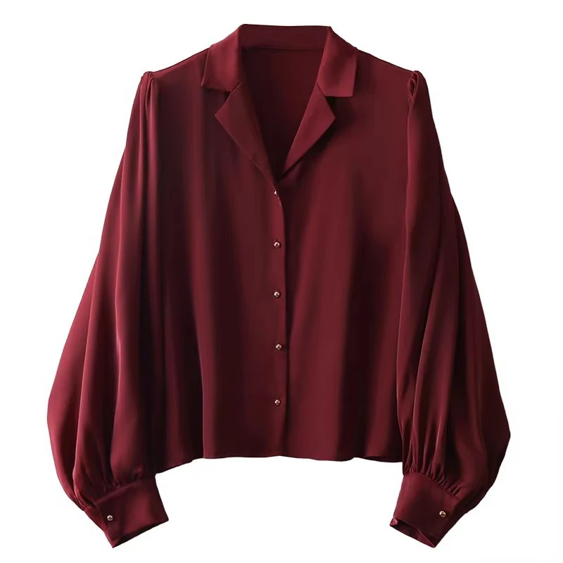 QOERLIN French Vintage Red Notched Collar Shirt Women Satin OL Elegant Lantern Sleeve Tops Blouse Long Sleeve Office Shirts S-XL