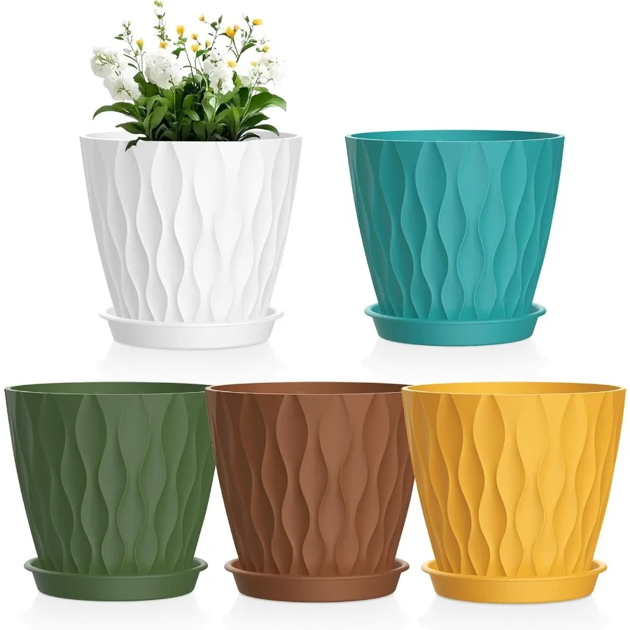 

6 inch Plant Pots 5 Pack Water Ripple Flower Pots for Indoor Outdoor Plants Plastic Planters with Drainage Holes and Saucers Nu