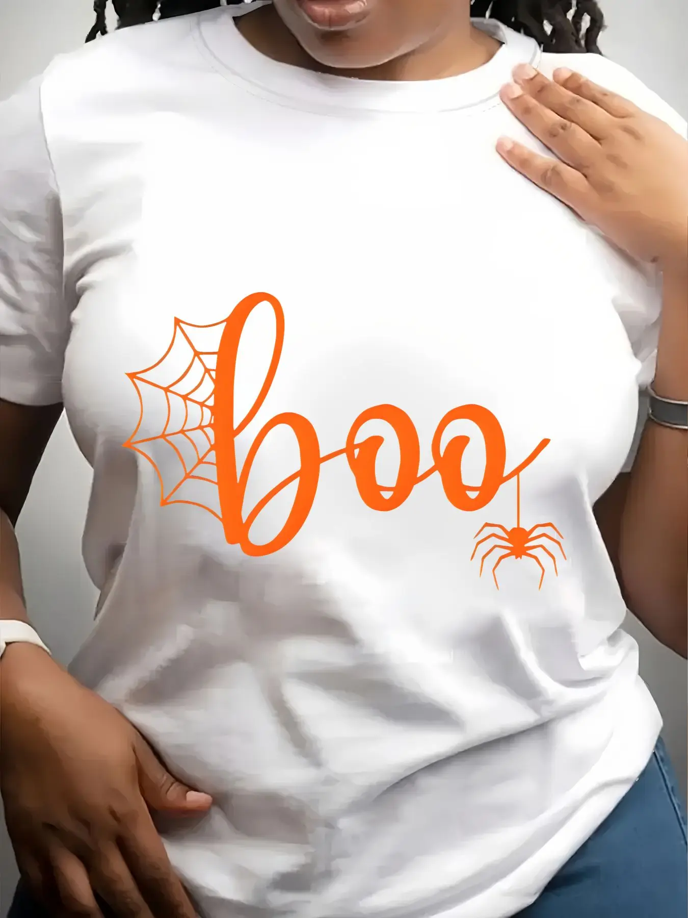 Women's Trendy Crew Neck T-Shirt Orange Boo Spider Web Print Suitable for Casual Sportswear
