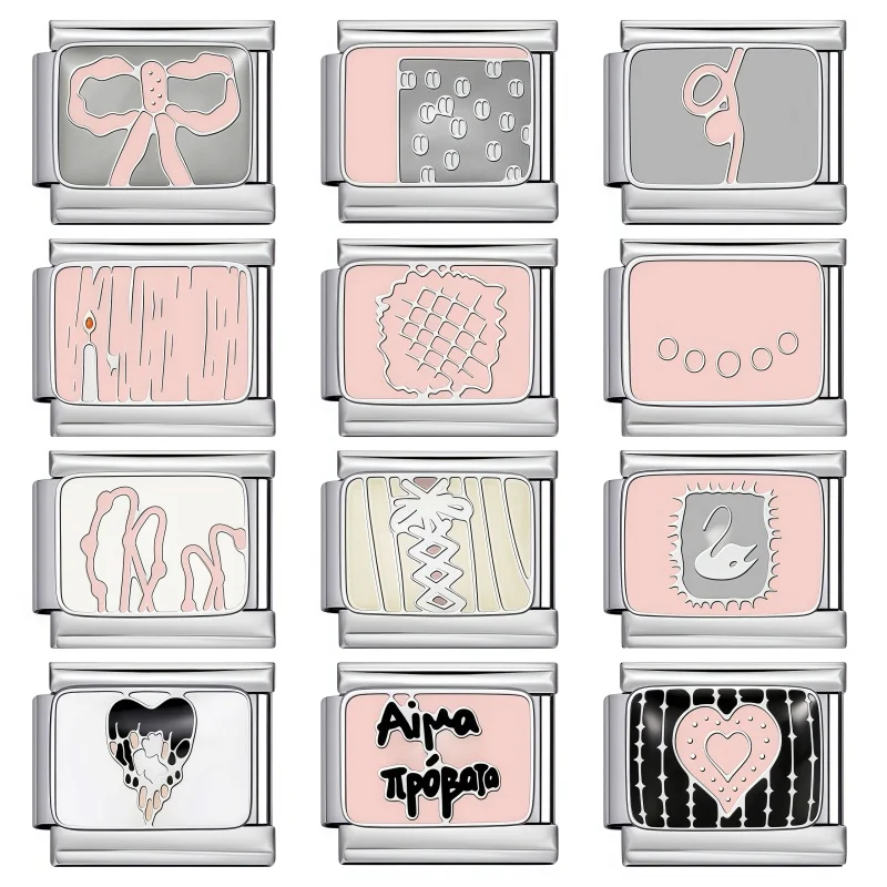 

New Pink Series Cute Romantic Italian Charm Links 9mm Bracelet Stainless Steel Bracelet Girl Women Diy Jewelry Making