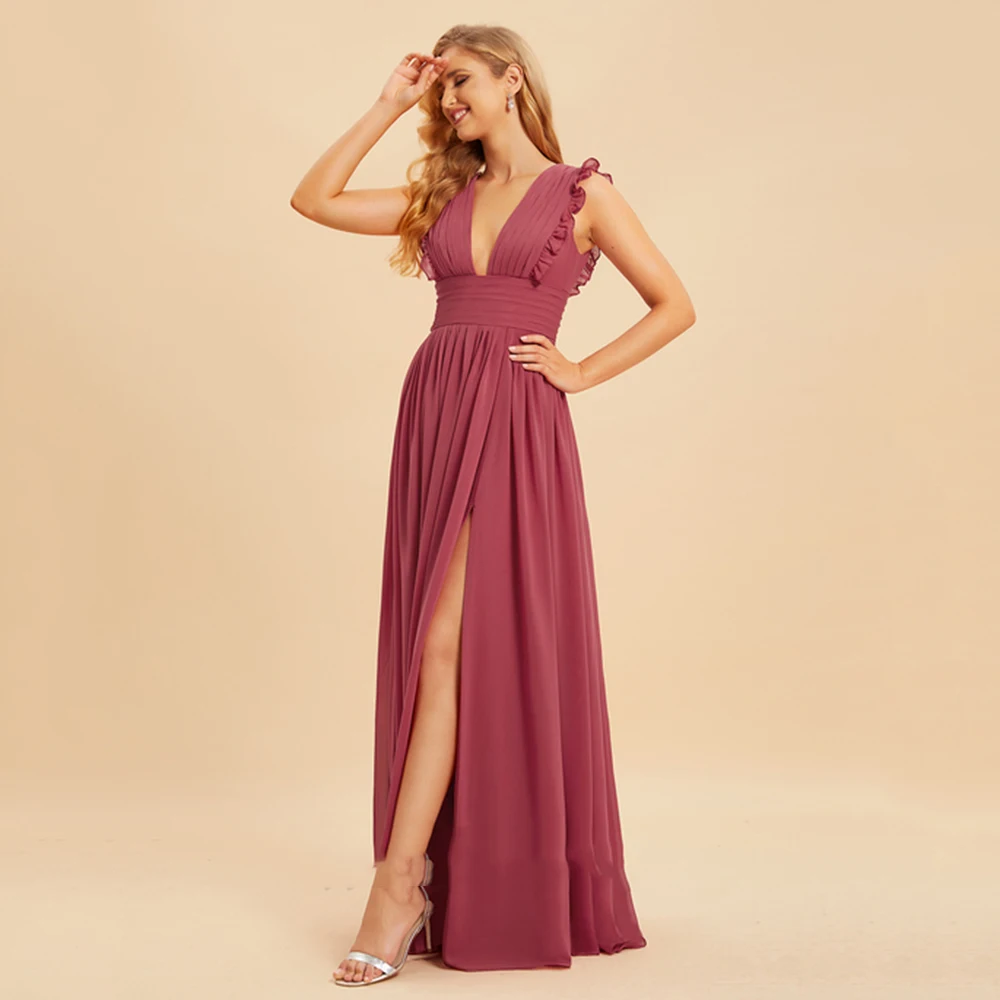 Simple A-Line Prom Dresses Pleat High Side Slit Sleeveless Floor-Length Evening  Sexy V-Neck Ruched Backless Party Dress