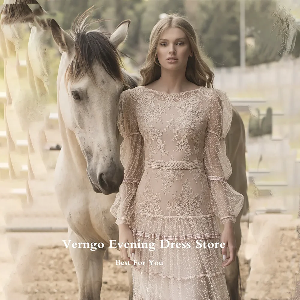 Verngo-vestido de noche de tul con cuello redondo, línea A, vestidos de graduación de manga larga para mujer, vestido Formal para ocasión, vestido