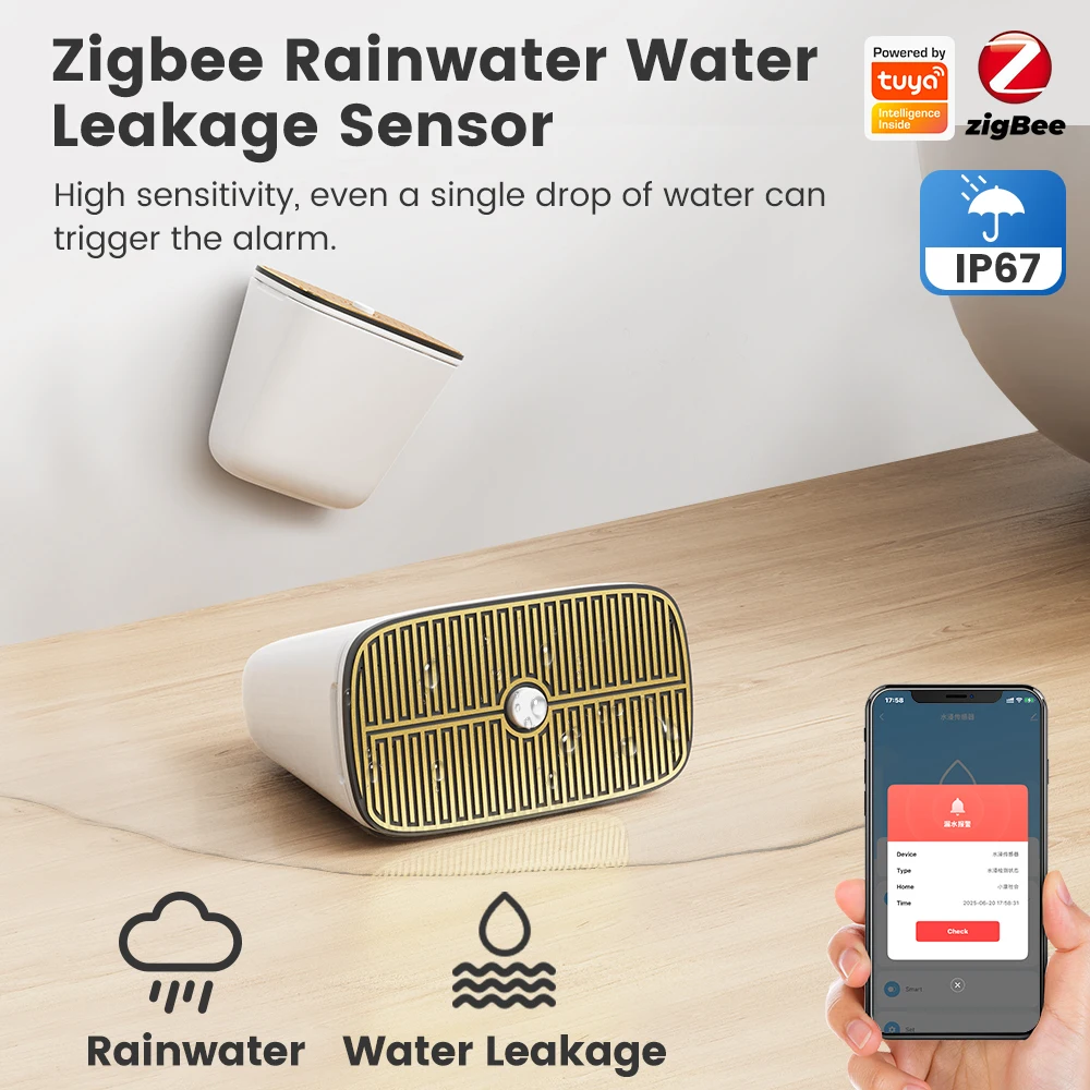 

Датчик утечки воды Tuya Zigbee для наружного беспроводного обнаружения дождя в реальном времени с водонепроницаемым интеллектуальным детектором утечки IP67
