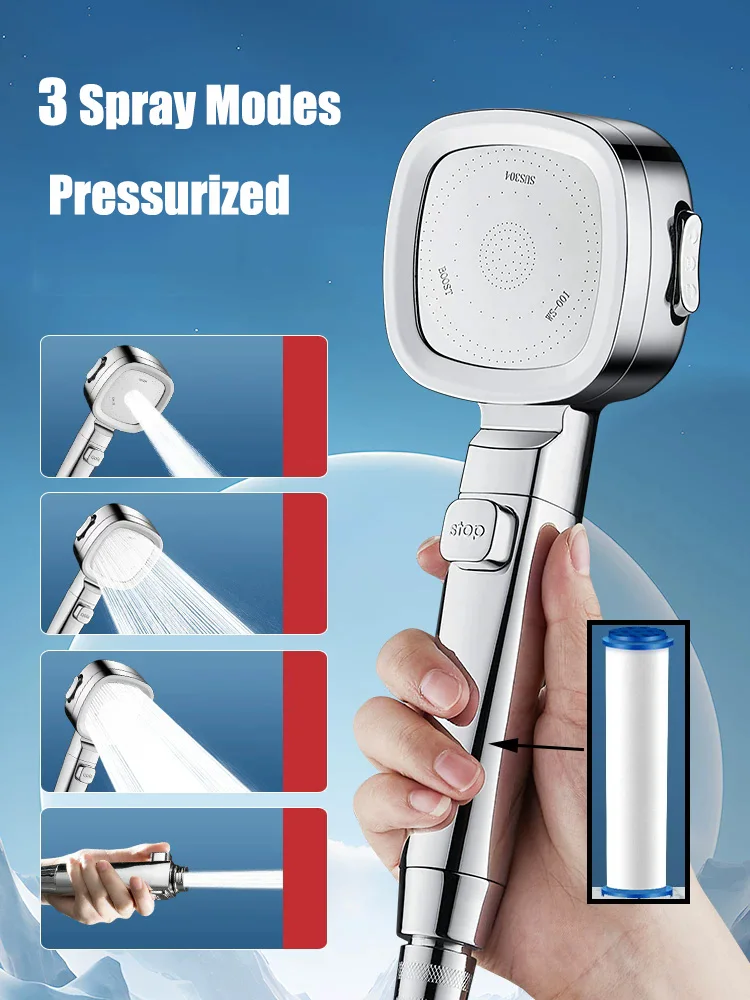 New Three Modes Adjustable Shower Head High Pressure Filtered Handheld Shower Sprayer One Key Stop Water Spa Bathroom Showerhead