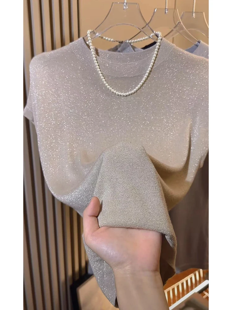 

Summer 2025 Women's Ice Silk ort Sve T-irt Knitted Slim Fit Thin Top round Ne Regular Length Premium Quali Faion