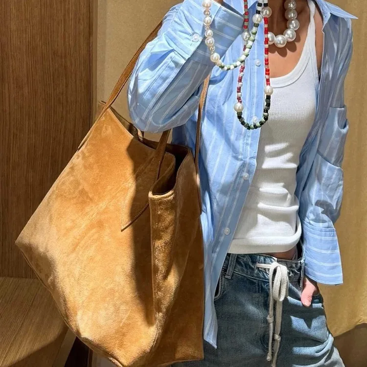 New High Quality Top Layer Cowhide Frosted Suede Single Shoulder Women's Bag With Bucket Shape,Simple And Versatile Women's Bag