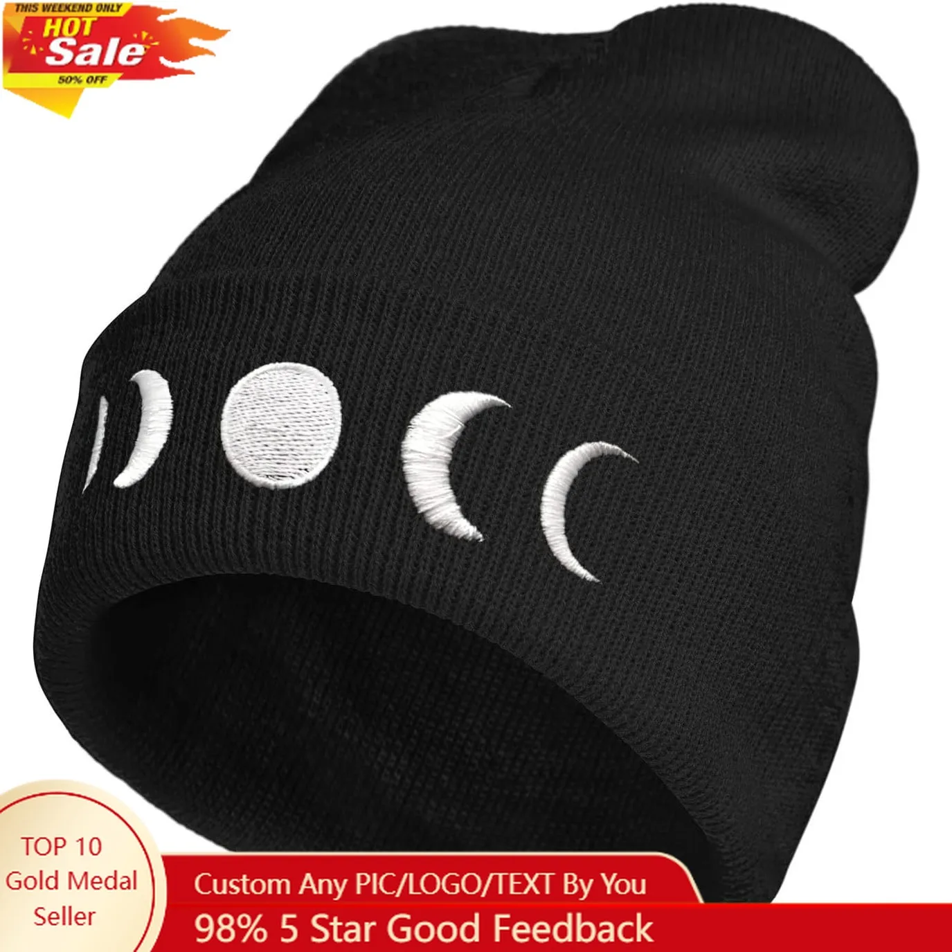 Gothic Goth Crescent Moon Embroidery Beanie Hat for Men Women Winter Warm Stretch Skull Knit Hats Cap Black