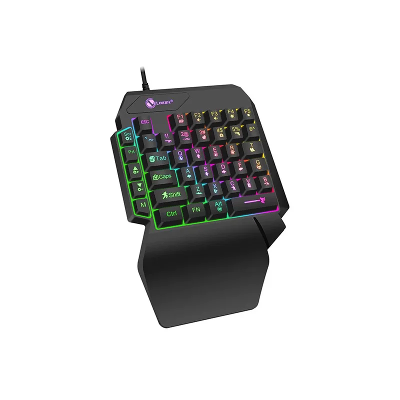 Mechanisch lichtgewicht gaming-toetsenbord voor één hand, bedrade uitvoering, met radium-gegraveerde tekens en ergonomische handsteun.