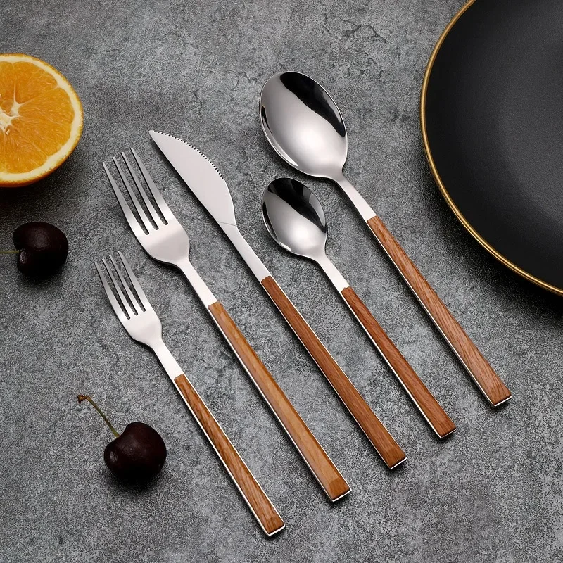 Stainless Steel Imitation Wooden Handle Tableware Set, Wood Grain Clamp Handle, Knife and Fork, Western Tableware, Japanese Stea