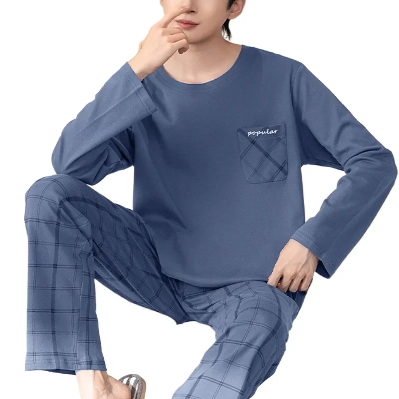 Spring Autumn Knitted Cotton Long Sleeved Men\'s Pajamas Sets Male Pajama Set Letter Pajama For Men Sleepwear Suit Homewear 3XL