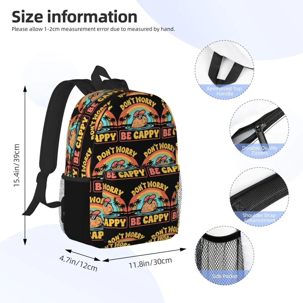 Embrace The Capybara Craze Don't Worry Be Cappy Backpack Student Boys Girls BookBag Men Women School Bag Laptop Shoulder Bags