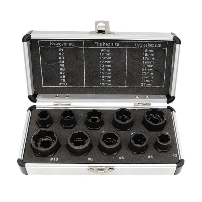 

M17D 10Pcs 9-19mm Professional Impact Nut Remover Set with Storage Box Alloy Steel Nut Extractor Socket Tools