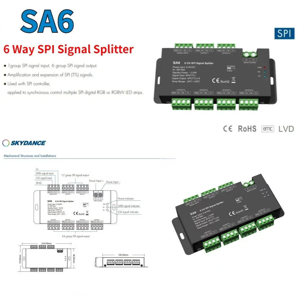 NEW DC5-24V SA6 6 Way SPI Signal Splitter 6CH TLL Amplifier Repeater For WS2811 WS2812 2813 2815 RGB RGBW Addressable LED Strip