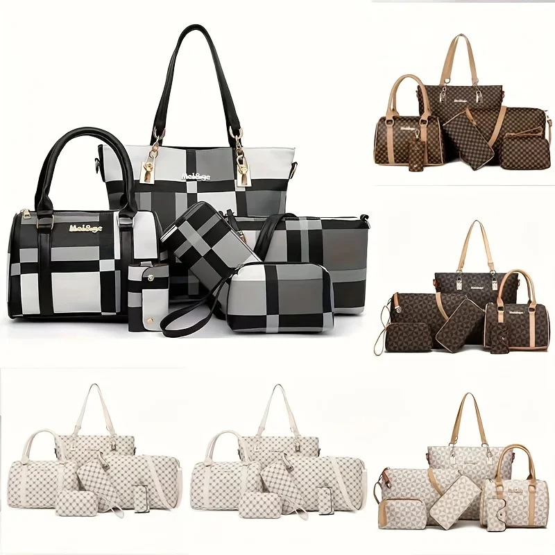 6pcs Classic Women Purse Set, Stylish Polka Dot Print Tote Bag With Boston Handbag Crossbody Bag Long Wallet Wristlet Clutch Coi