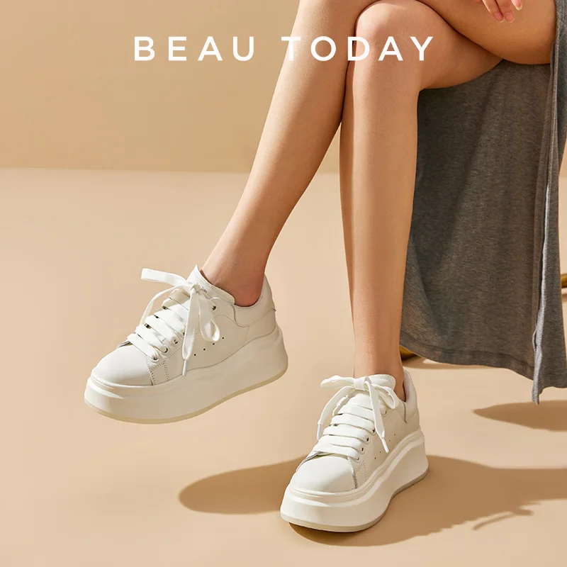 BEAUTODAY White Sneakers Women Genuine Cow Leather Solid Color Lace-up Thick Sole Spring Ladies Casual Shoes Handmade 29746