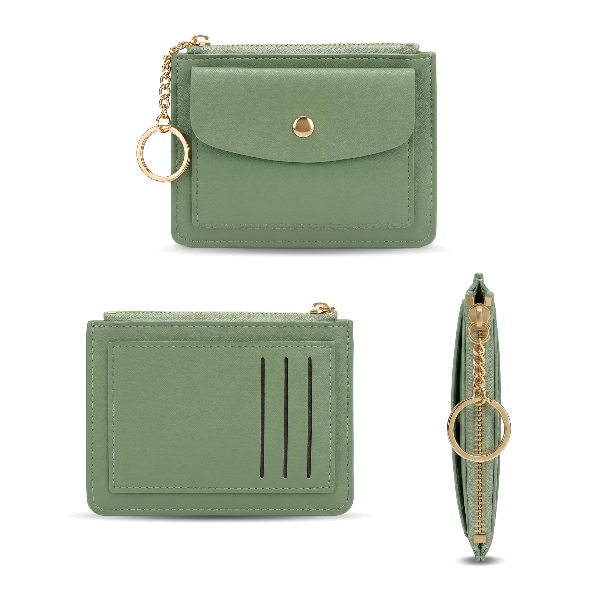 Slim Green PU Leather Slim Wallet for Women Card Holder Keychain Zipper for Gift Mini Coin Purse Button Closure with Window Card view 3