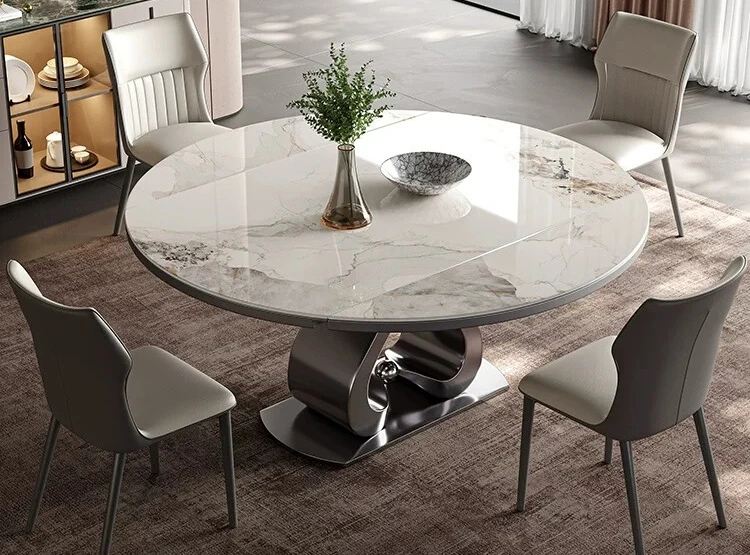 Round dining table rock slab retractable folding square and round dual-purpose modern light luxury household