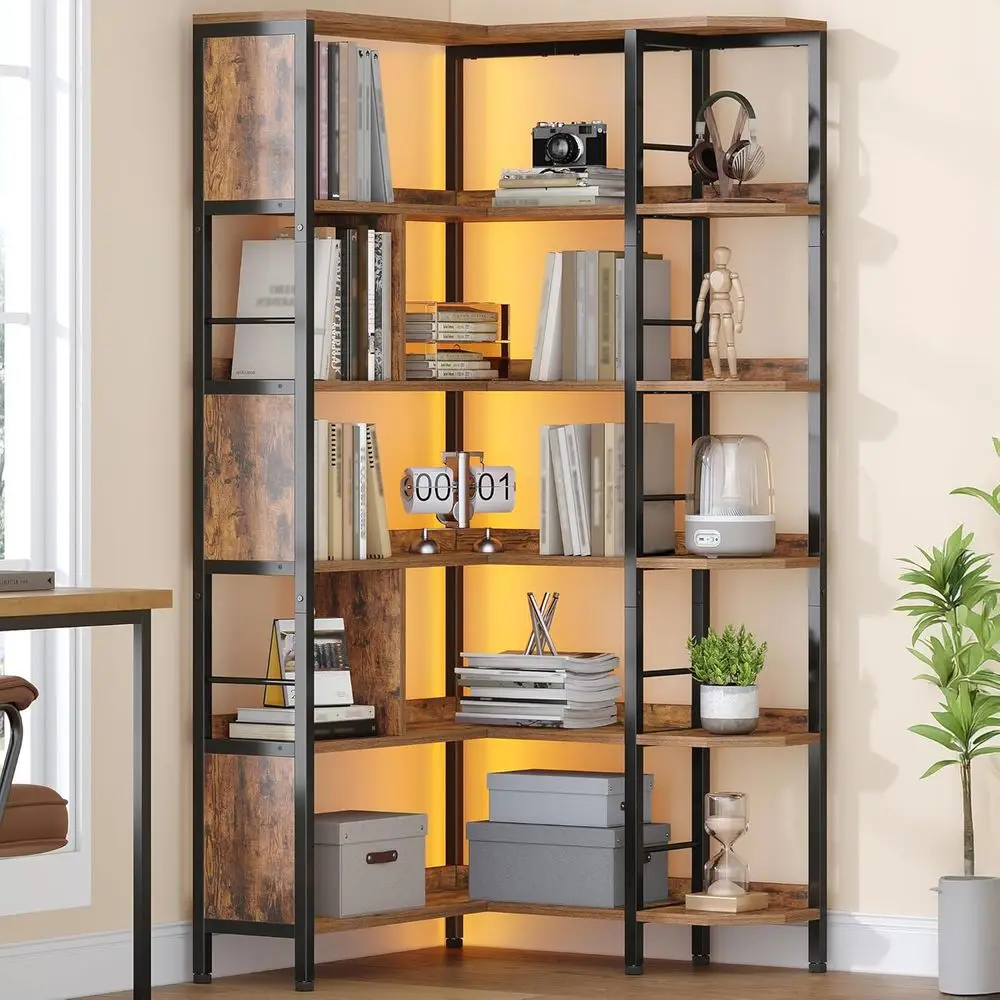 

5-Tier L-Shaped Bookshelf with LED Lights, Industrial Style, Suitable for Living Room, Bedroom, and Kitchen, Rustic Brown