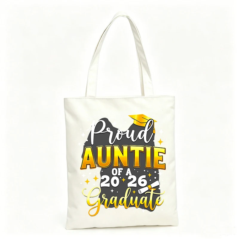 Aunt's canvas tote bag with graduation cap and typography print, perfect for graduation celebrations and daily use