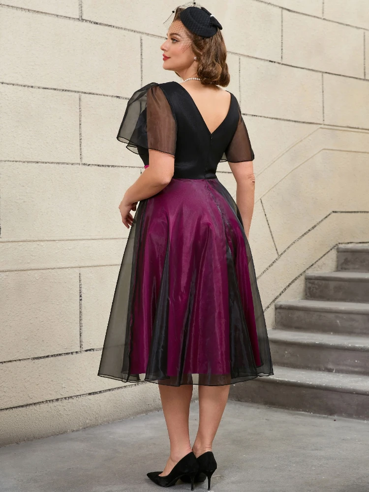 Plus Size V Neck A Line Dress Vintage Style Mesh Patchwork Prom Dress Shops Garden Party Dress Elegant Women Clothing 2025 New