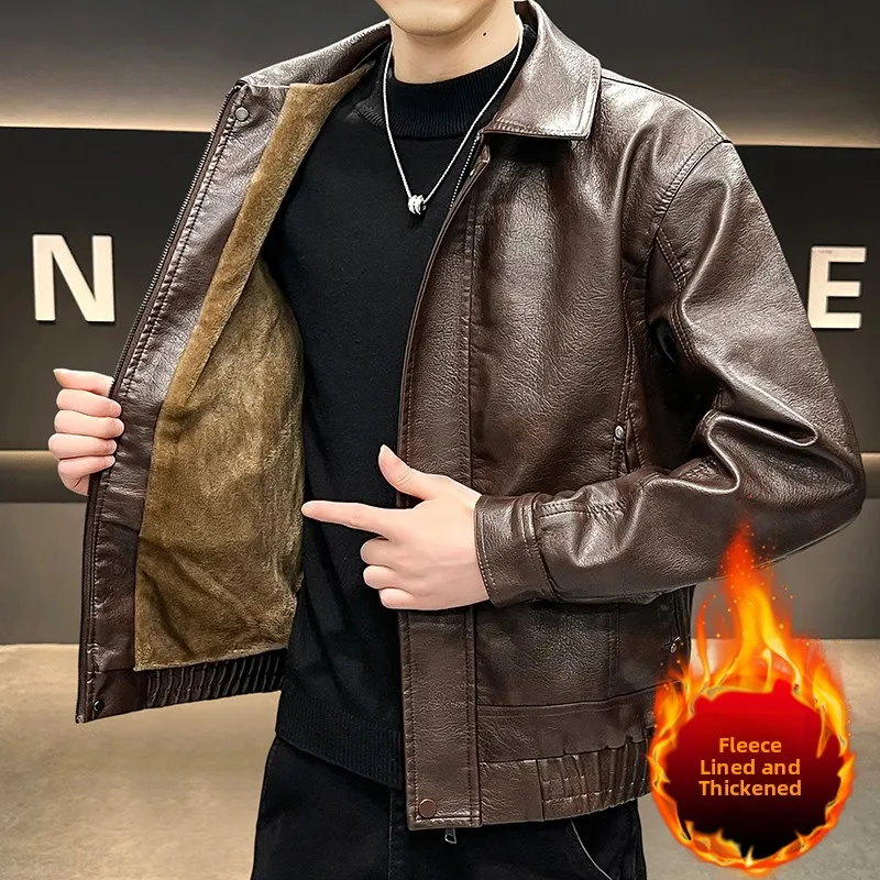

Men's Faionable Winter Leather Jaet Casual Slim Fit Fce Lined Biker Coat Cotton Warmth Long Sve Zipper Closure