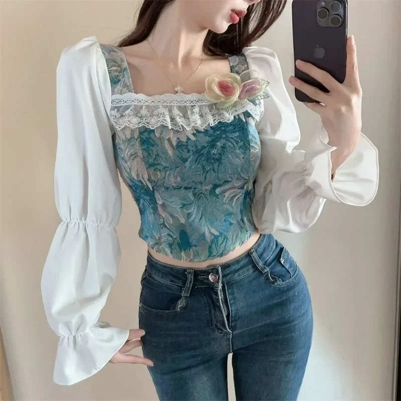 French Retro Temperament Lantern Sleeve Jacquard Shirt Women Square Neck Lace Patchwork Print Slim Spring Chic Gentle Female Top