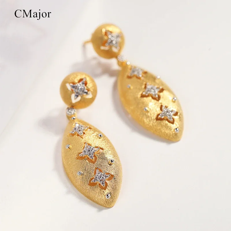 CMAJOR Solid Silver Four-leaf Clover Drop Earrings Vintage Palace Two Tone CZ Dangle Earrings For Women