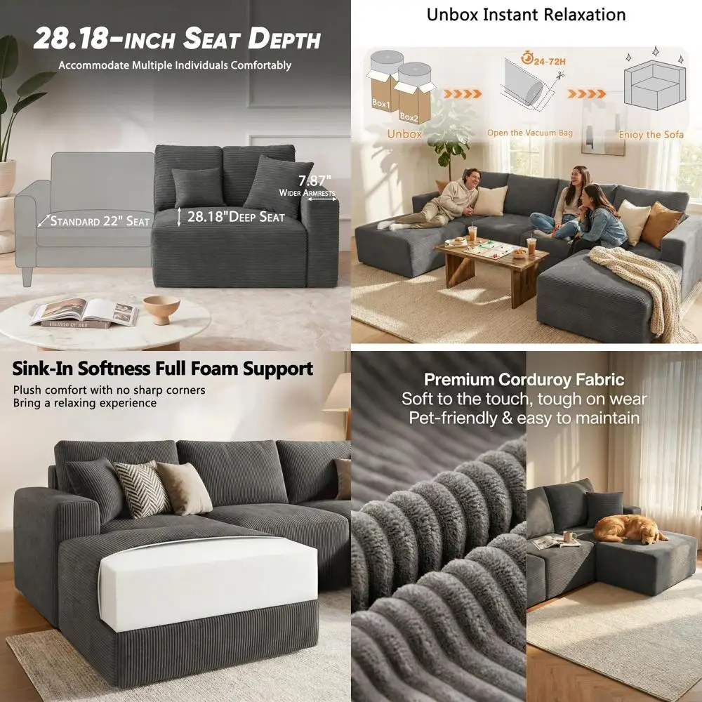 

12-местный секционный диван из ткани, комплект для гостиной, мягкий диван-облако с 2 пуфами, готов к использованию (серый, фигурный диван)