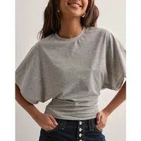 T-shirts pour femmes à col rond, taille froncée, coupe ajustée, couleur unie, décontracté, court, style streetwear d'été, basique, pour le quotidien 5