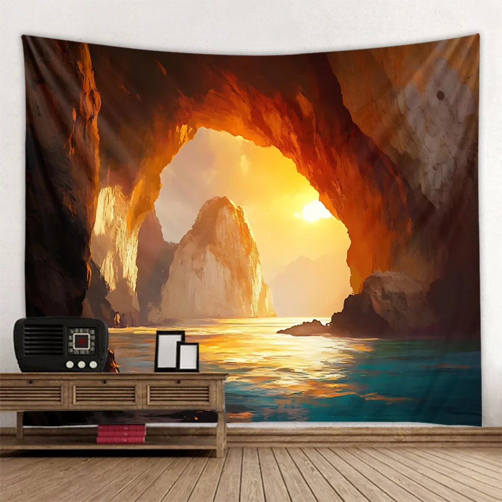 Beautiful landscape tapestries, forest sea caves, psychedelic scene wall hangings, home art decorations, bohemian yoga mats