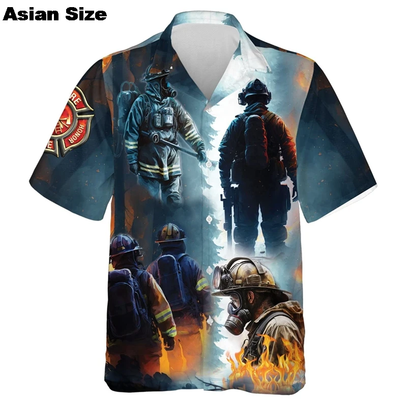 3D Printed Firefighter Truck Hawaii Shirts For Men New In Casual Mens Short Sleeve Lapel Beach Shirts Tops Harajuku Button Shirt