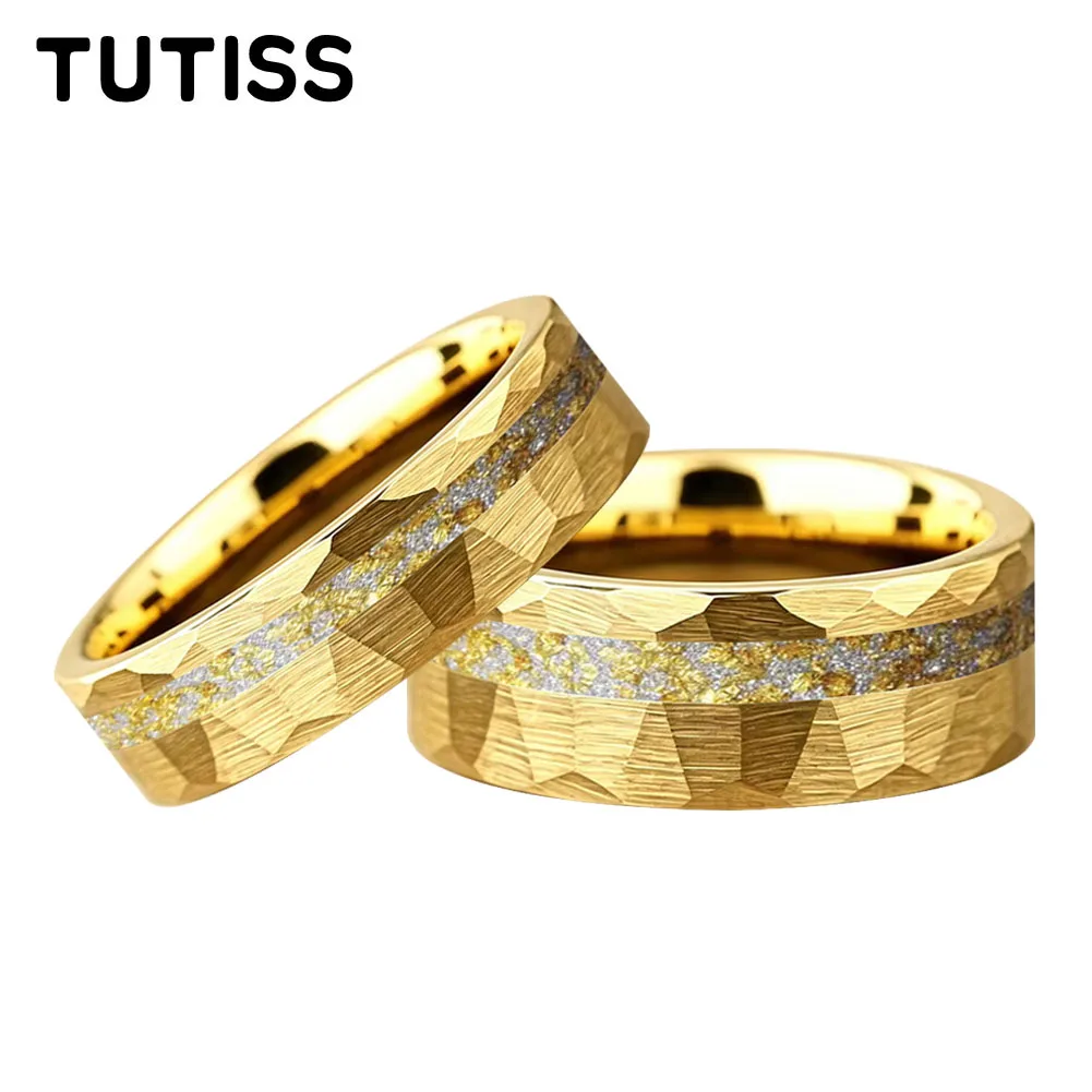 6/8mm Hammered Offset Groove Inlaid Moonstone and Gold Foil Tungsten Carbide Ring, Couple Ring, Anniversary Commemorative Ring