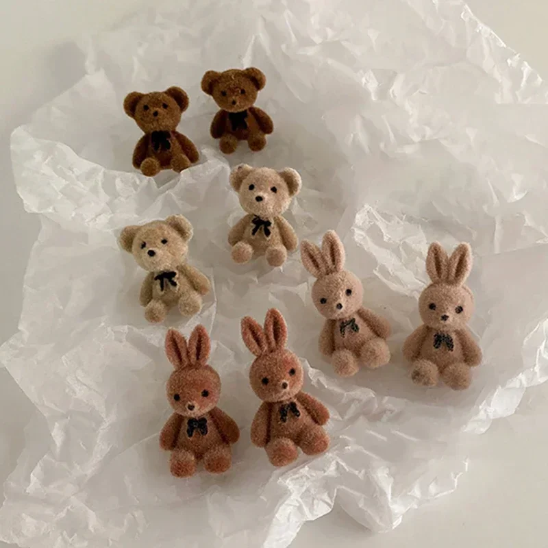 Flocking Plush Rabbit Bear Stud Earrings Kawaii Brown Khaki Animal Rings Earrings For Women Girls Necklace Earring Jewelry Gifts